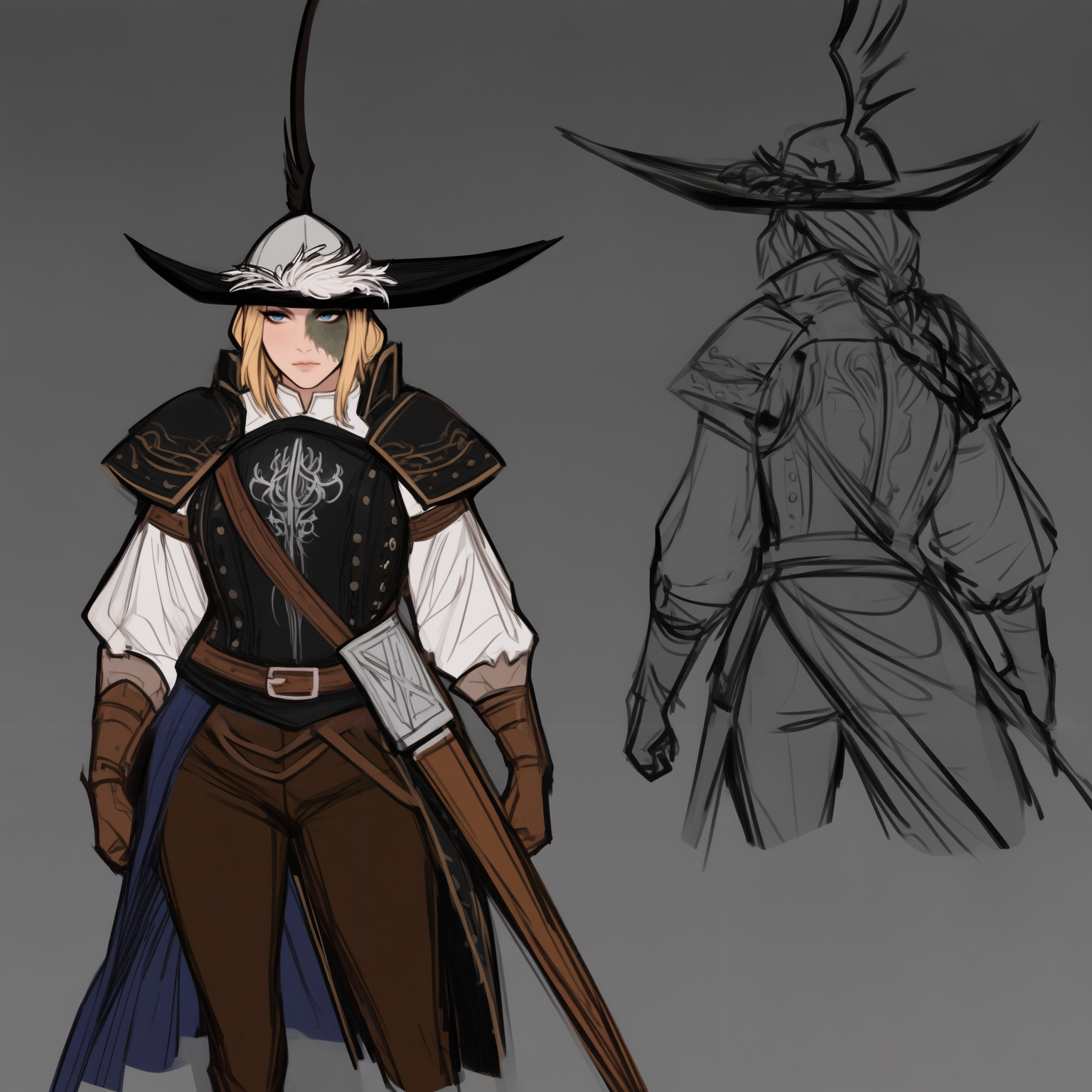 masterpiece, best quality, newest, hdr, dark, closed mouth, 1girl, solo, uliatlec, blonde hair, long hair, braided ponytail, burn scar, scar on face, blue eyes, black hat, plume, hat feather, black breastplate, white shirt, long sleeves, pauldrons, waist cape, blue cape, scabbard, brown gloves, brown belt, brown pants, simple background, character sheet, multiple views, (graphite \(medium\), sketch:1.2) <lora:Lucatiel of Mirrah:1>