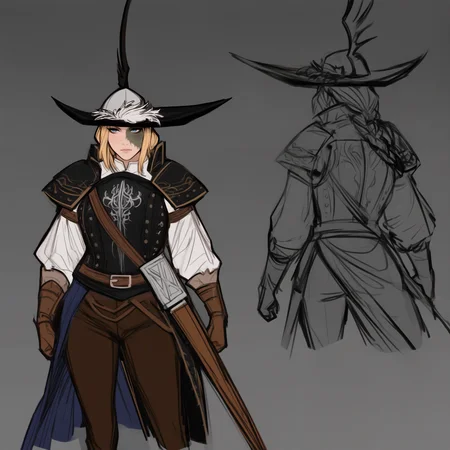 masterpiece, best quality, newest, hdr, dark, closed mouth, 1girl, solo, uliatlec, blonde hair, long hair, braided ponytail, burn scar, scar on face, blue eyes, black hat, plume, hat feather, black breastplate, white shirt, long sleeves, pauldrons, waist cape, blue cape, scabbard, brown gloves, brown belt, brown pants, simple background, character sheet, multiple views, (graphite \(medium\), sketch:1.2) <lora:Lucatiel of Mirrah:1>