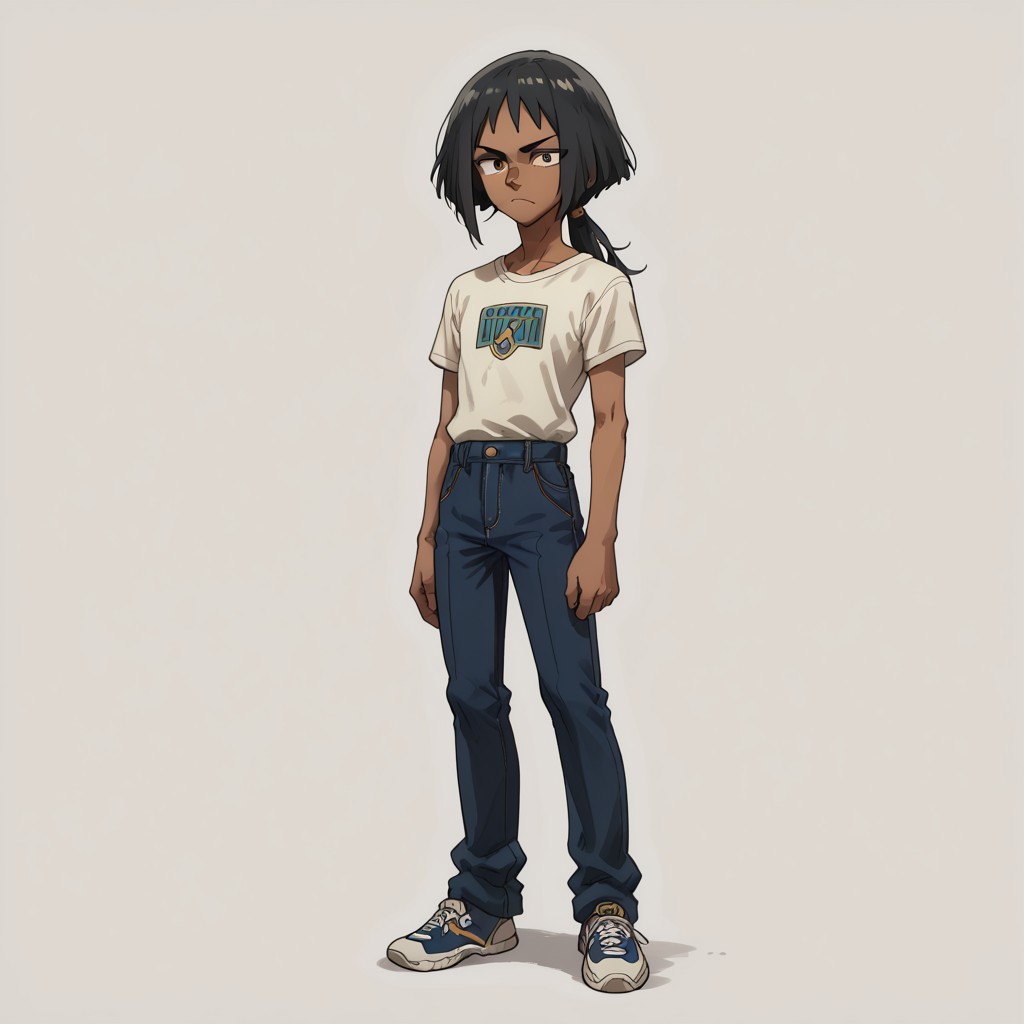 score_9, score_8_up, score_7_up, 1boy, solo, PascualAbajShamanking, 1boy, solo, male, black hair, straight medium-length hair, flowing hair extending to the waist,  reddish-brown skin, oval-shaped face,  pointed nose, visible cheekbones, skinny and lean, white outline, full-length, pants, shirt,