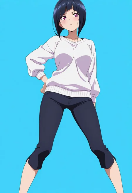 masterpiece, best quality, amazing quality, anime coloring, anime screencap, 1girl, inverted bob, white sweater, capri pants, black pants, black hair, blue background, simple background, standing, legs apart,