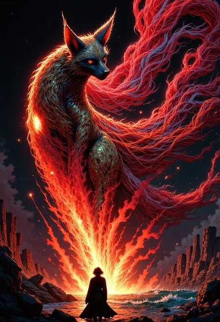 masterpiece, best quality, Bosstyle, Silhouette of a Woman fighting a giant DARK mononoke Monster Boss resembling a ethereal fox with seven tails: Capture the essence of nostalgia and color in this vintage photograph. Dominating the scene is a meticulously detailed, translucent dark-red Blood filled firefox, adorned with vibrant patterns, blending seamlessly with its surroundings. Its long tail, composed of intricately woven ribbons in a spectrum of colors, trails behind, adding to the spectacle of the moment. Amidst the quietude of the night, its presence exudes a sense of ancestral strength and resilience. Behind it, the low-toned hues of the Milky Way cast a mesmerizing backdrop, a cosmic tapestry weaving tales of both past and future. In this moment, the convergence of tradition and technology, of ancient wisdom and industrial progress, hangs palpably in the air., atmospheric haze, Film grain, cinematic film still, shallow depth of field, highly detailed, high budget, cinemascope, moody, epic, Overall Detail, 2000s vintage RAW photo, photorealistic, candid camera, color graded cinematic, eye catchlights, atmospheric lighting, imperfections, natural, shallow dof, dramatic lights, Cinematic, beautiful, vibrant, masterpiece, 32k, ultra HD, ultra-detailed, amazing quality, amazing artist, sharp edges, detailed textures, full view, atmospheric lighting, amazing visuals