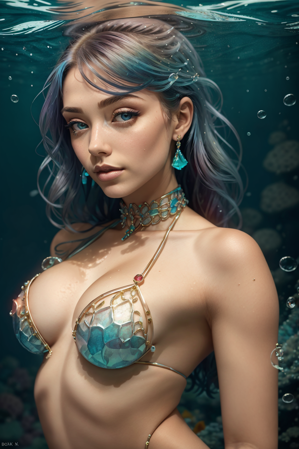 gems, <lora:Gem-Studded-V1:1>, bikini, water, underwater, undersea, 1girl, scuba, woman, 1girl, fantasy, vivid colorful hair, toned, choker, bounty hunter outfit, bokeh background, fair skin with cool undertones,subject for emphasis, soft lighting, perfect face, detailed eyes, button nose, lens flare, dramatic lighting, dramatic colors, masterpiece, breasts, petite, vivid colors,