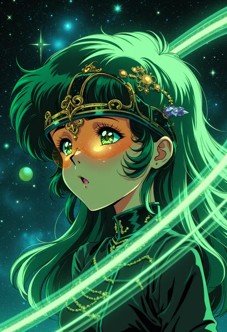 anime retro style, close up girl, In orbit around a mystical ringed planet, a futuristic anime girl with mossy green skin and crystalline structures embedded in her hair wears a protective visor that glows with stellar gold accents. Her long hair flows like quantum entanglement, swirling in tandem with the cosmic ripples emanating from the planet's orbiting ice rings. The air is filled with microscopic, shimmering particles that reflect the colors of the planet's aurora-like displays, as if reality itself was being rewritten by the power of quantum computers. In this ethereal setting, our heroine stands poised, ready to harness the, modernretroanime
