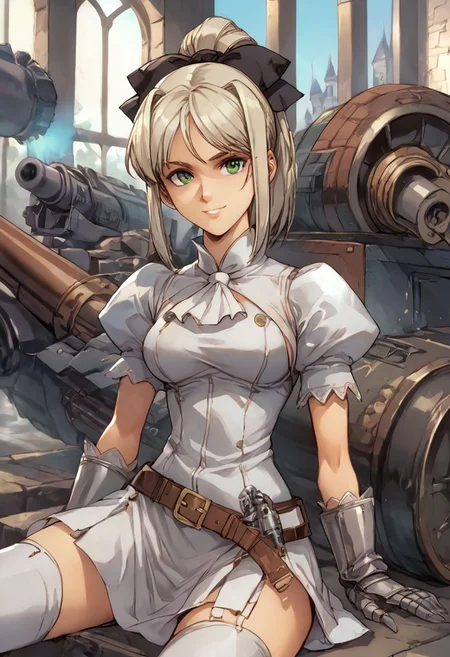 score_9, score_8_up, score_8, score_7_up, score_7, anime of hmkshll, green eyes, platinum blonde hair, high ponytail, bangs, sidelocks, hair ribbon, knight dress, gauntlets, belt, medium breasts, castle, posing for a photo, facing viewer, looking at viewer, female focus,  (dynamic lighting:1.1), Sitting on a Cannon, , looking at a Cannon, Culverin, smiling ,  ground vehicle, military vehicle,bslskspg, basilisk, Basilisk Self-propelled Gun 
((masterpiece))