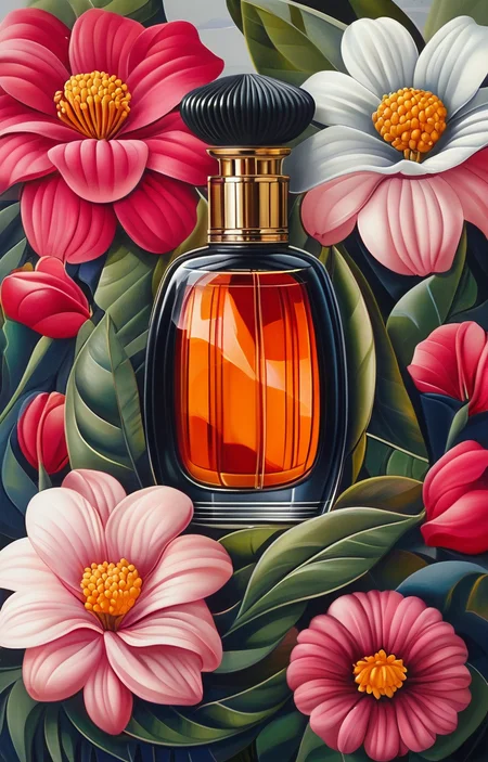 masterpiece,best quality,<lora:tbh205-sdxl:0.9>,illustration,style of Catherine Abel A bottle of perfume in garden
