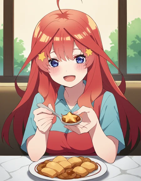 score_9, score_8_up, score_7_up, source_anime, <lora:itsuki-nakano-s2-ponyxl-lora-nochekaiser:1>, itsuki nakano, bangs, long hair, blue eyes, hair between eyes, ahoge, red hair, star (symbol), hair ornament, star hair ornament, mature female, large breasts, <lora:incoming-spoon-ponyxl-lora-nochekaiser:1> incoming food, spoon, holding, holding spoon, food, looking at viewer, open mouth, blush, smile, restaurant, plate, hand up,, ,