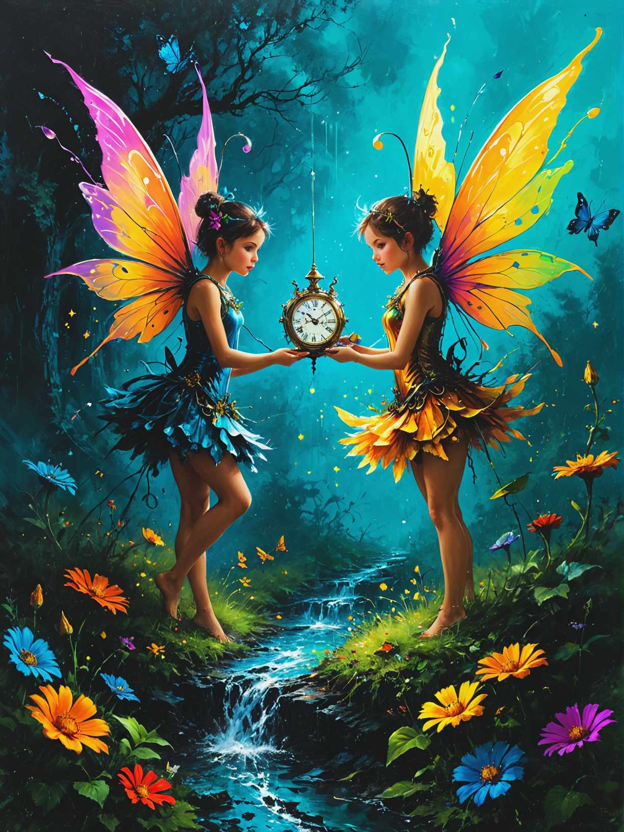 Time-keeping fairies tinker with reality's clockwork, ultra-fine digital painting, <lora:xl_more_art-full_v1:0.3>,  <lora:Desolation:0.6> <lora:gorgoeus_splash_of_vibrant_paint:0.7> Gorgeous splash of vibrant paint
