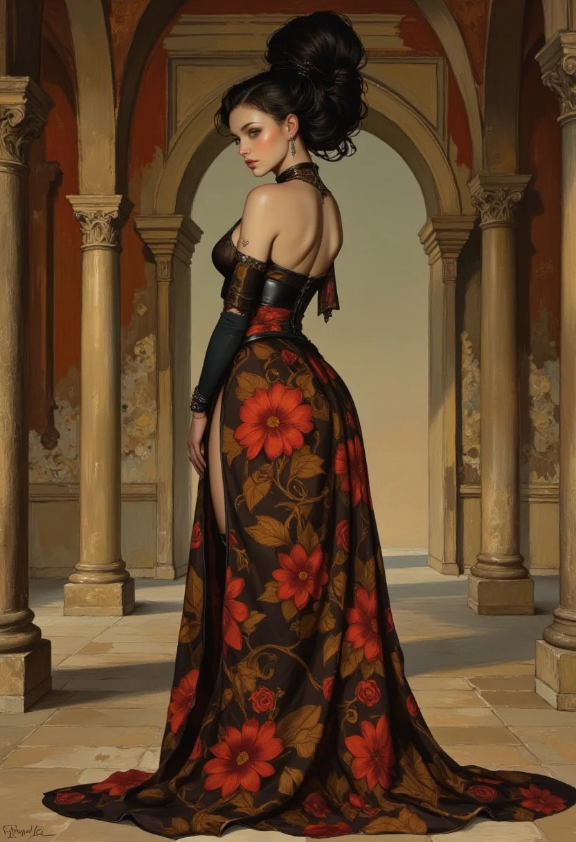 A captivating and mysterious figure standing gracefully in a grand, ancient stone hall in an over the shoulder pose showing her back. The woman exudes elegance and allure, clad in a flowing, semi-transparent gown adorned with intricate floral patterns in deep red and orange hues. The fabric clings delicately to her form, emphasizing her poise and confidence while cascading to the ground, pooling softly at her feet. Her slit dress teases a glimpse of her legs an her black leather corset high heels, adding a subtle air of seduction to her regal appearance. Her hair, styled with precision, is dark, voluminous, and arranged in a series of elaborate loops accented with ornate silver hairpins that resemble delicate flowers. Her bright blue eyes conveys an enigmatic, almost supernatural quality, further accentuated by her confident smirk and direct gaze that seems to pierce the viewer. Her porcelain skin contrasts sharply with her dark attire, evoking a sense of ethereal beauty. The setting enhances her commanding presence—a grand, weathered stone hall with tall, fluted pillars and archways that speak to an ancient, forgotten place. Shadows dance across the textured walls, adding a sense of depth and mystery, while the faint light accentuates the contours of her figure and the rich details of her dress. The background is painted in an abstract explosion of colors—red, gold, brown, and yellow—creating a dramatic vignette effect.