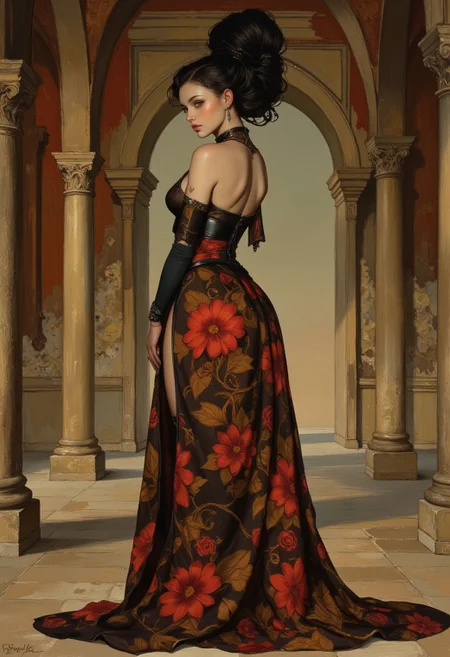 A captivating and mysterious figure standing gracefully in a grand, ancient stone hall in an over the shoulder pose showing her back. The woman exudes elegance and allure, clad in a flowing, semi-transparent gown adorned with intricate floral patterns in deep red and orange hues. The fabric clings delicately to her form, emphasizing her poise and confidence while cascading to the ground, pooling softly at her feet. Her slit dress teases a glimpse of her legs an her black leather corset high heels, adding a subtle air of seduction to her regal appearance. Her hair, styled with precision, is dark, voluminous, and arranged in a series of elaborate loops accented with ornate silver hairpins that resemble delicate flowers. Her bright blue eyes conveys an enigmatic, almost supernatural quality, further accentuated by her confident smirk and direct gaze that seems to pierce the viewer. Her porcelain skin contrasts sharply with her dark attire, evoking a sense of ethereal beauty. The setting enhances her commanding presence—a grand, weathered stone hall with tall, fluted pillars and archways that speak to an ancient, forgotten place. Shadows dance across the textured walls, adding a sense of depth and mystery, while the faint light accentuates the contours of her figure and the rich details of her dress. The background is painted in an abstract explosion of colors—red, gold, brown, and yellow—creating a dramatic vignette effect.