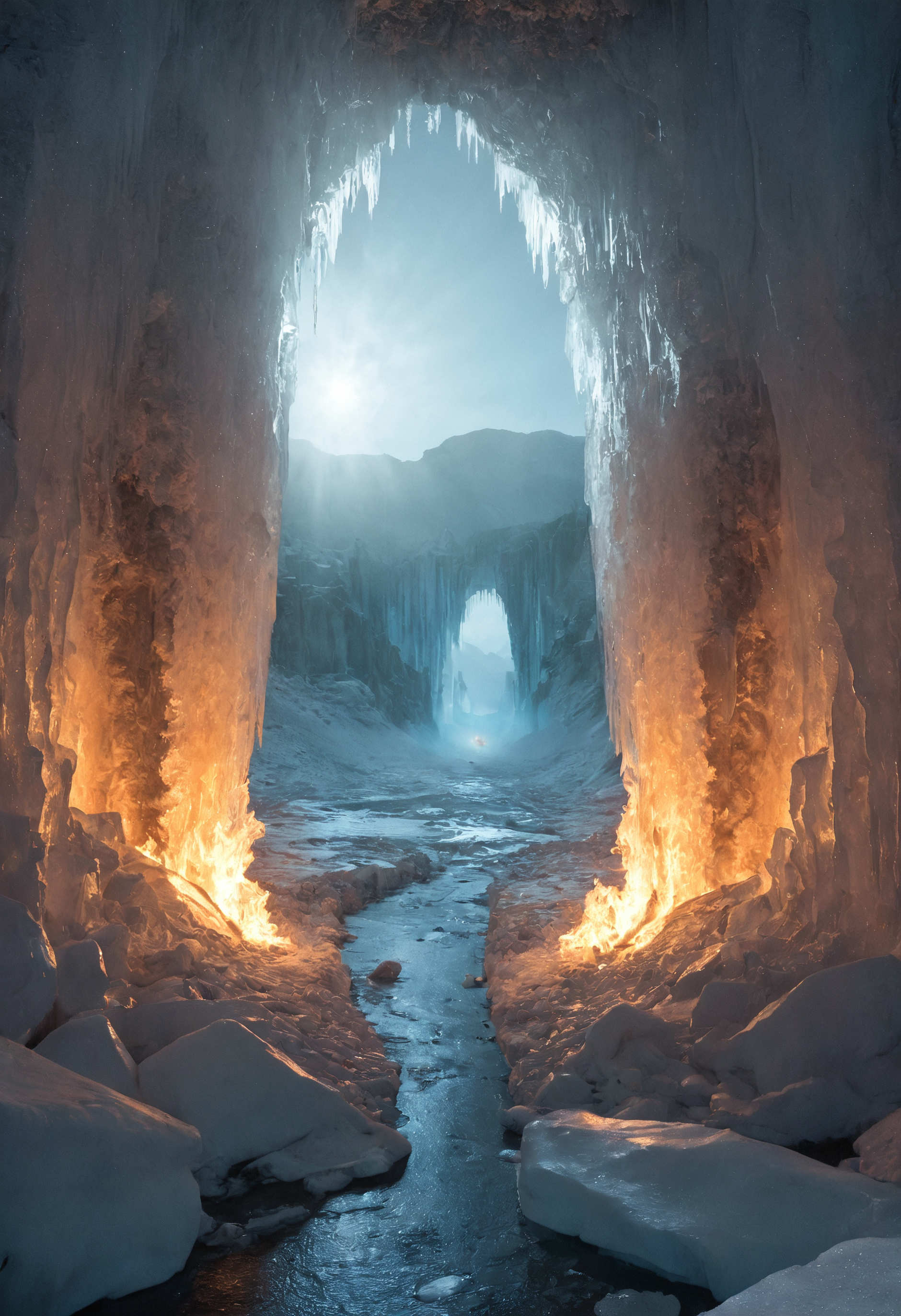 1c3_w1n73r, blazing fire-ringed portal glowing in frozen wasteland, swirling flames reflecting on cracked translucent ice, gateway revealing towering icy cliffs and blue mist, dramatic lighting contrast, photorealistic, professional photography, sharp focus, high resolution, detailed
