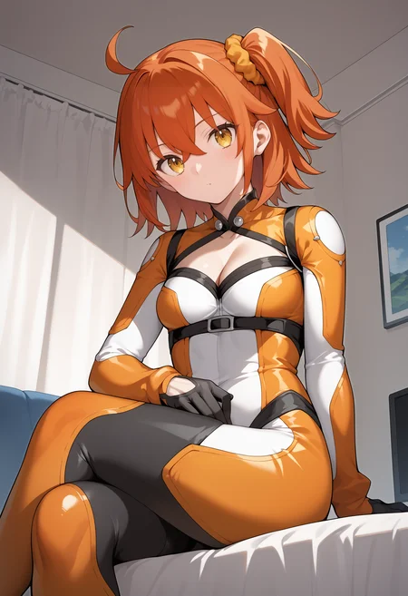 score_9, score_8_up, score_7_up, score_6_up, score_5_up, score_4_up, source_anime, aaritsuka, short hair, orange hair, ahoge, one side up, hair scrunchie, orange scrunchie, yellow eyes, breasts, cleavage cutout, orange bodysuit, white bodysuit, black gloves, <lora:fujimaru_ritsuka_ponyxl_v1:0.9>, sitting, indoors, room, crossed legs,