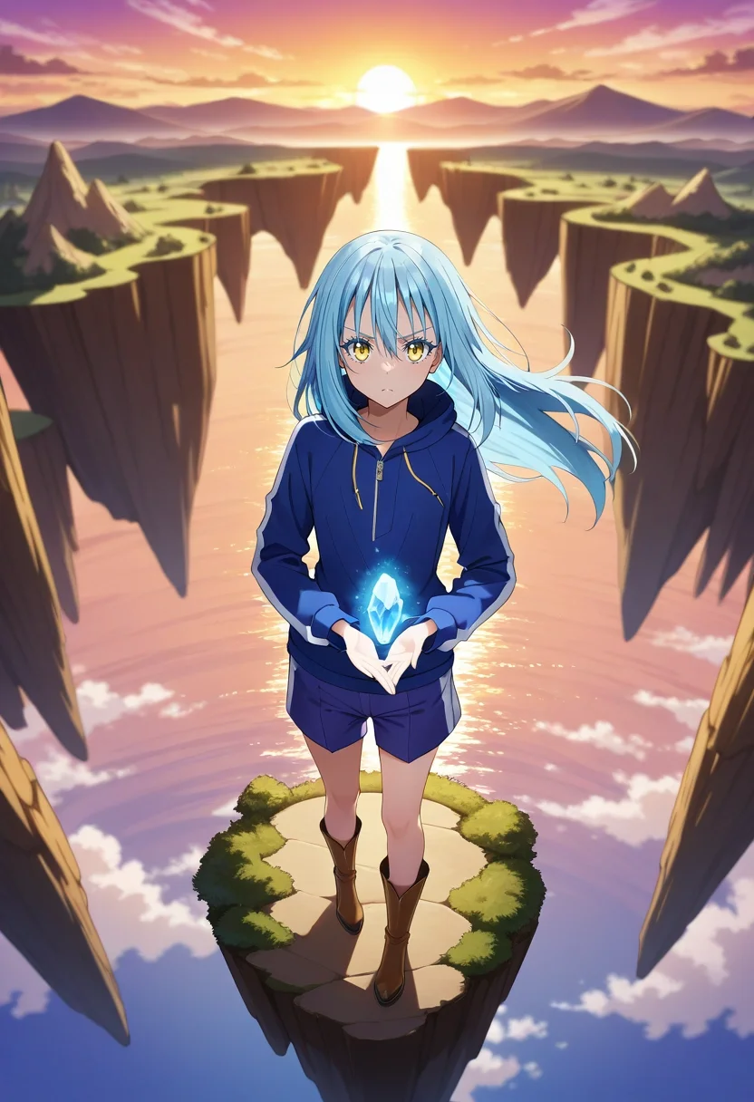 masterpiece, best quality, , , looking at viewer, depth of field, 1boy, solo, male focus, <lora:rimuru_tempest_ilxl:0.94>, rimuru_tempest, blue hair, yellow eyes, long hair, bangs, hair between eyes, androgynous, 1other, , cliff, valley, floating island, waterfall, glowing crystal, mist, sunset, magic, mountain, panorama, triumphant pose, determined expression, Marble Sapphire Taffeta Bermuda shorts, Polo hoodie, Chelsea boots, Bandana,