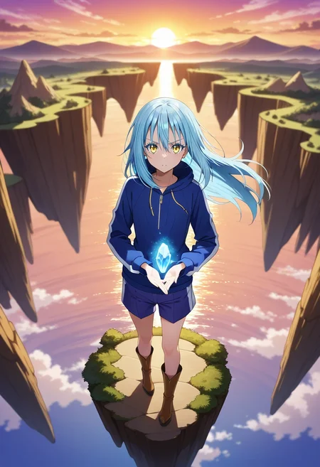 masterpiece, best quality, , , looking at viewer, depth of field, 1boy, solo, male focus, <lora:rimuru_tempest_ilxl:0.94>, rimuru_tempest, blue hair, yellow eyes, long hair, bangs, hair between eyes, androgynous, 1other, , cliff, valley, floating island, waterfall, glowing crystal, mist, sunset, magic, mountain, panorama, triumphant pose, determined expression, Marble Sapphire Taffeta Bermuda shorts, Polo hoodie, Chelsea boots, Bandana,
