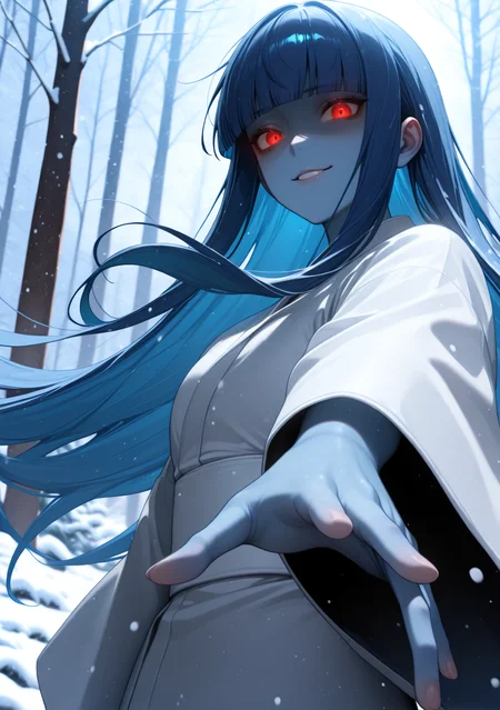 masterpiece, best quality, absurdres, perfect lighting,shiny skin,detailed,<lora:Detailer_NoobAI_Incrs_v1:1.4>,1girl,yuk1jy0rousmt, colored skin, blue skin, long hair, blunt bangs, blue hair, red eyes,<lora:zs_YukiJyorouILLU:0.8>, white_kimono,snowing, snow, winter,forest, blurry background,upper body, backlighting,seductive smile, shaded face, glowing eyes, crazy eyes, constricted pupils, reaching towards viewer, open hand,wind, floating hair, floating clothes, close-up, from below,