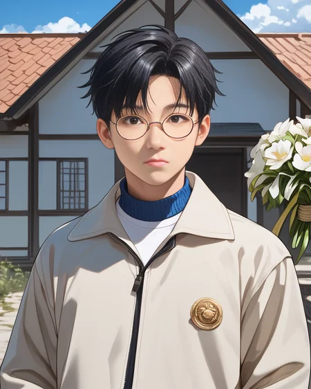 score_9, score_8_up, score_7_up, Korean, <lora:Expressive_H:1>, ((handsome man:1.2, light skin)), (focus male, solo:1.1), masterpiece, best quality, cowboy shot, 
The image features a young adult male standing in front of a bright blue sky, seemingly on a sunny day. The man is dressed in a casual yet stylish ensemble including a beige bomber jacket, a white shirt with a collar, and coordinating light-colored trousers. He is wearing dark, round-framed glasses and has short, styled black hair.
The man's pose suggests he is in a relaxed mood, with one hand casually placed on his forehead, while the other holds a small bouquet of white flowers. His expression is friendly and approachable.
The background is minimalistic and complements the subject well, with a simple, white-painted structure that seems to be part of a residential area, possibly a house or a small covered entrance. The skies are cleared of clouds, suggesting good weather, which adds a pleasant and airy feel to the image.
tae_dong, <lora:taedong-000018:1>, 20+, over 20 years old, yundong