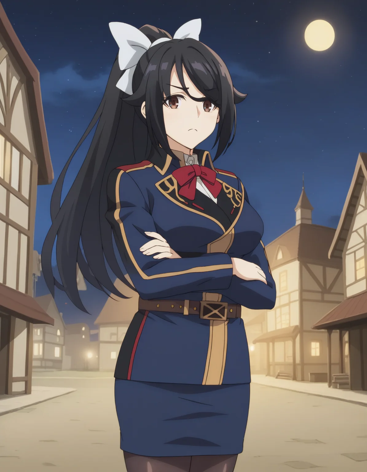 score_9
BREAK
chloe_olis, 1girl, solo, black hair, high ponytail, white bow, brown eyes, eyes visible through hair, military uniform, blue jacket, white shirt, red bowtie, brown belt, blue skirt, black pantyhose, crossed arms, from side, frown, looking at viewer, looking to the side
BREAK
building, town, fantasy, starry sky, night sky, night, moonlight
<lora:chloe_NagekiNoBoureiWaIntaiShitai_ponyxl_v1_char:1> <lora:chloe_NagekiNoBoureiWaIntaiShitai_ponyxl_v1_style:1>
