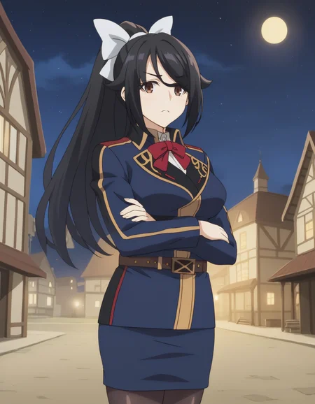 score_9
BREAK
chloe_olis, 1girl, solo, black hair, high ponytail, white bow, brown eyes, eyes visible through hair, military uniform, blue jacket, white shirt, red bowtie, brown belt, blue skirt, black pantyhose, crossed arms, from side, frown, looking at viewer, looking to the side
BREAK
building, town, fantasy, starry sky, night sky, night, moonlight
<lora:chloe_NagekiNoBoureiWaIntaiShitai_ponyxl_v1_char:1> <lora:chloe_NagekiNoBoureiWaIntaiShitai_ponyxl_v1_style:1>