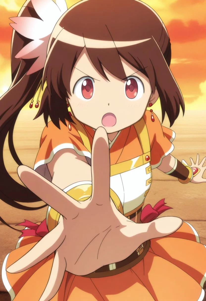 masterpiece,best quality,amazing quality, tsuruno yui, brown hair, red eyes, long hair, side ponytail, 1girl, solo, magical girl, open mouth, dot nose, :o, v-shaped eyebrows, official style, looking at viewer, outstretched hand, scarf, jewelry, hair ornament