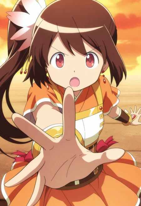 masterpiece,best quality,amazing quality, tsuruno yui, brown hair, red eyes, long hair, side ponytail, 1girl, solo, magical girl, open mouth, dot nose, :o, v-shaped eyebrows, official style, looking at viewer, outstretched hand, scarf, jewelry, hair ornament