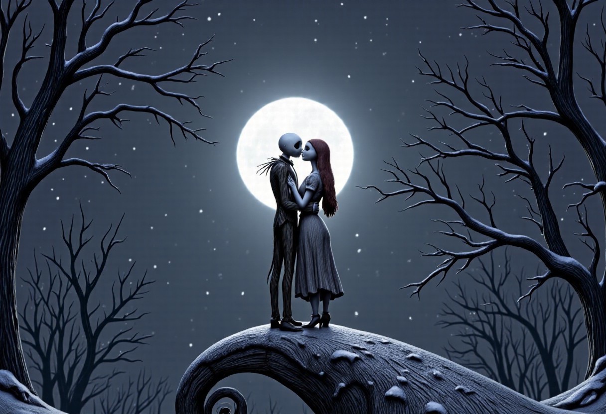 "Hyper-realistic image , late at night, emphasizing the isolation and loneliness. , Nightmare before Christmas, snowing in the background, Jack Skellington and  Sally kissing, on a hill with the moon behind them, perfect, cute, masterpiece, 2 people kissing, snowing all around them, bright stars in the sky in the shape of hearts,