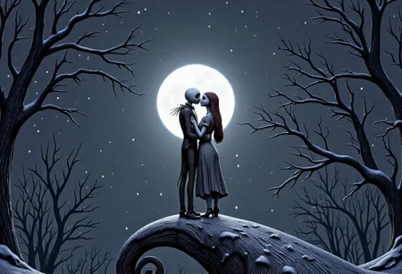 "Hyper-realistic image , late at night, emphasizing the isolation and loneliness. , Nightmare before Christmas, snowing in the background, Jack Skellington and  Sally kissing, on a hill with the moon behind them, perfect, cute, masterpiece, 2 people kissing, snowing all around them, bright stars in the sky in the shape of hearts,
