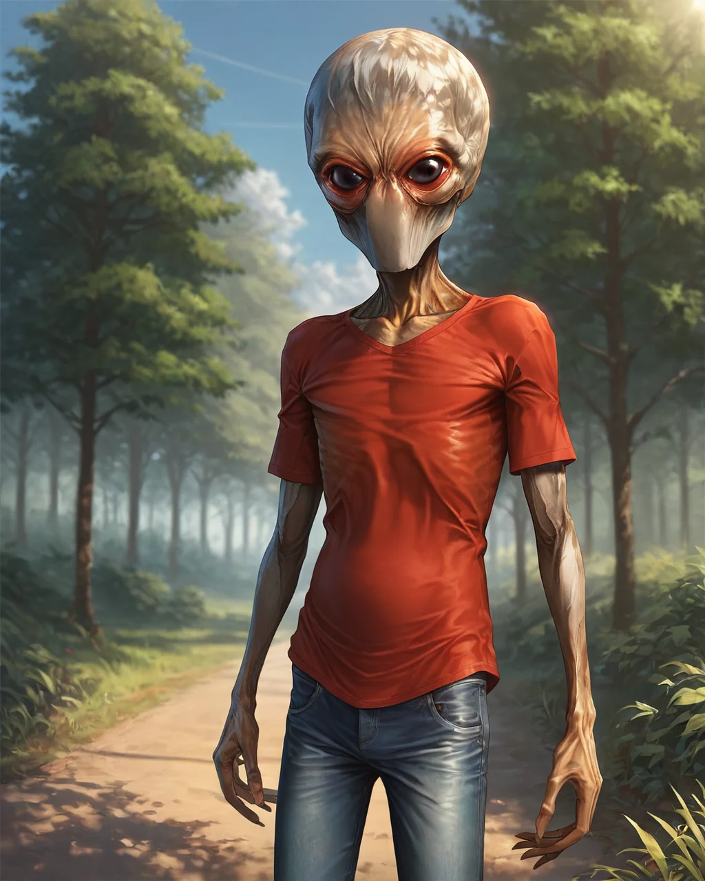 score_9, score_8_up, score_7_up, rating_questionable, intricately detailed, 
<lora:Sectoid_XCOM:1>,
1boy(Sec1oid, large black eyes, large head, loose red t-shirt, jeans, standing, cowboy shot, looking at viewer, solo), summer, sunshine, public path, trees, grass,
closeup, detailed background, depth of field,
<lora:ral-chrosc-clr:0.5>, ral-chrosc-clr,
<lora:Expressive_H:0.5>, expessiveH,
<lora:xl_more_art-full_v1:0.3>,
<lora:add-detail-xl:0.3>