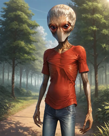 score_9, score_8_up, score_7_up, rating_questionable, intricately detailed,
<lora:Sectoid_XCOM:1>,
1boy(Sec1oid, large black eyes, large head, loose red t-shirt, jeans, standing, cowboy shot, looking at viewer, solo), summer, sunshine, public path, trees, grass,
closeup, detailed background, depth of field,
<lora:ral-chrosc-clr:0.5>, ral-chrosc-clr,
<lora:Expressive_H:0.5>, expessiveH,
<lora:xl_more_art-full_v1:0.3>,
<lora:add-detail-xl:0.3>