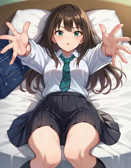 score_9, score_8_up, score_7_up, source_anime,
rinshibuya, <lora:rin-shibuya-ponyxl-lora-nochekaiser:1>,
rin shibuya, black hair, green eyes, long hair,
black skirt, black socks, collared shirt, green necktie, kneehighs, long sleeves, miniskirt, necktie, pleated skirt, school uniform, shirt, skirt, socks, striped, striped necktie, white shirt, wing collar,
indoors, bed, bed room, on back, arm support, arms up, incoming hug, pov, reaching, reaching towards viewer,
looking at viewer, dutch angle, cowboy shot,