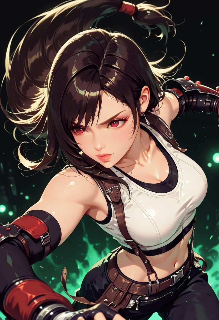 masterpiece, best quality, good quality, very aesthetic, absurdres, newest, 8K, depth of field, focused subject, in the style of cknc, artist:moriimee, in the style of cksc, BREAK side portrait of Tifa Lockhart (Final Fantasy VII), classic outfit, crop top, dynamic pose, action pose, dark background, silhouetted, directional lighting, viewed from above