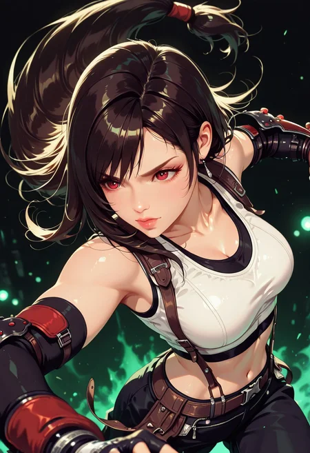 masterpiece, best quality, good quality, very aesthetic, absurdres, newest, 8K, depth of field, focused subject, in the style of cknc, artist:moriimee, in the style of cksc, BREAK side portrait of Tifa Lockhart (Final Fantasy VII), classic outfit, crop top, dynamic pose, action pose, dark background, silhouetted, directional lighting, viewed from above