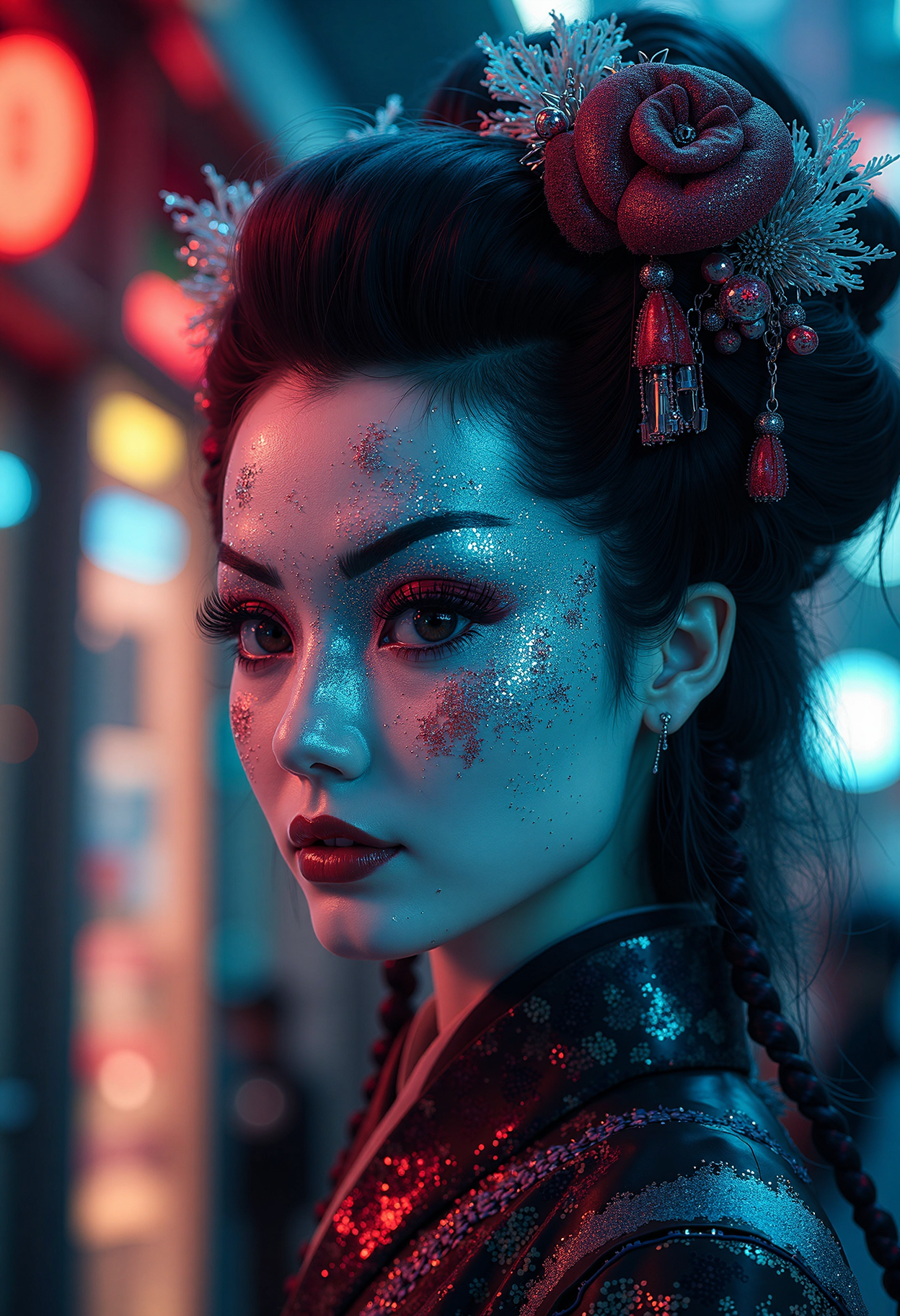 Detailed, masterpiece, professional, bold colors, awe-inspiring, photography inspired by modern fantasy art, medium shot, HDR, futuristic realistic geisha in a cyberpunk theme, neon geisha sparkle face paint, elaborate attire, street lights illuminate her face