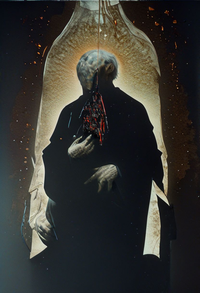 painting of an older man and his adult male lover, spark ignites, tortured souls, peacefulness, revelation, surreal dark smeared background, black and gold mutations tears in fabric , separation of colors, in the style of nicola samori <lora:DarkAnime1:1> <lora:HorrorArt(1):1.2>, glow effects, godrays, Hand drawn, render, 8k, octane render, cinema 4d, blender, dark, atmospheric 4k ultra detailed, cinematic sensual, Sharp focus, humorous illustration, big depth of field, Masterpiece, colors, 3d octane render, 4k, concept art, trending on artstation, hyperrealistic, Vivid colors, extremely detailed CG unity 8k wallpaper, trending on ArtStation, trending on CGSociety, Intricate, High Detail, dramatic, absurdes, a realistic baroque bedroom, white canopy over bed, white drapes, damask patterns, intricate details,    in the style of Vittorio Matteo Corcos