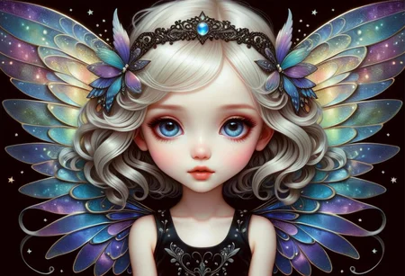 hyper detailed beautiful chibi sugar fairy, coherent delicate face, wavy luxurious hair, intricate iridescent wings, on black velvet canvas, centered composition, rule of thirds, drop shadowed, art by gorjuss, tim burton, margaret keane, charlie bowater, tom wood, keith garvey