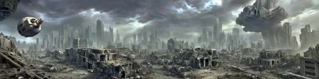 a detailed scaled (small spacecraft hovering over) a modern building in front of a (city in ruins:1.2).
 <lora:Wasteland:0.65> Wasteland, the, and, with, wasteland, background