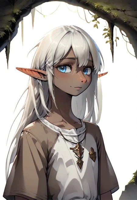 Lapanya, 1 person, solo, pointy ears, androgynous body, ((snout nose)):1.5, lean stature, medium tan skin, white hair, long hair, hip-length hair, blue eyes, white tunic, brown robe, small nostrils, 3 fingers 1 thumb,
coverfaceOUTeye, close up, head focus,
Medieval style,
Style: advntr, 4byss,
((cavern background, wall hangings, organic chamber, soft light, luminous moss)), detailed background, clean lines, highly detailed, high quality, ((semi-realistic)), best quality, rating: g
score_9, score_8_up