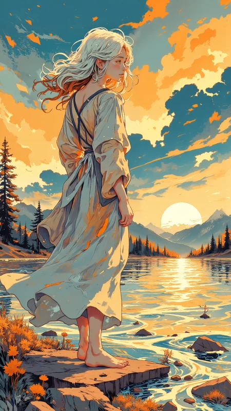 high-quality, expressive digital artwork blending anime-style illustration with bold, textured brushstrokes and intense contrast, inspired by the raw, dynamic energy of oil painting. A sweet young woman stands barefoot at the edge of a shimmering lake, bathed in the golden hues of a setting sun. The fragmented reflections of deep blues, fiery oranges, and glowing gold dance on the rippling water, casting shifting light across her flowing dress. The fabric clings to her form, lifted slightly by the evening breeze, blending into the warm tones of the sunset-lit waves. Her long, wavy hair, streaked with highlights of white and amber, cascades over her shoulders, framing her serene yet wistful expression as she gazes toward the horizon. The background remains impressionistic, with rough, impasto textures capturing the fading light, dramatic clouds, and distant silhouettes of trees, creating a dreamlike, immersive scene. <lora:Blue_Future:0.6> <lora:Oil_Painting_style,_textured_brush_strokes:0.6> <lora:Techno_Digitalis:0.8>