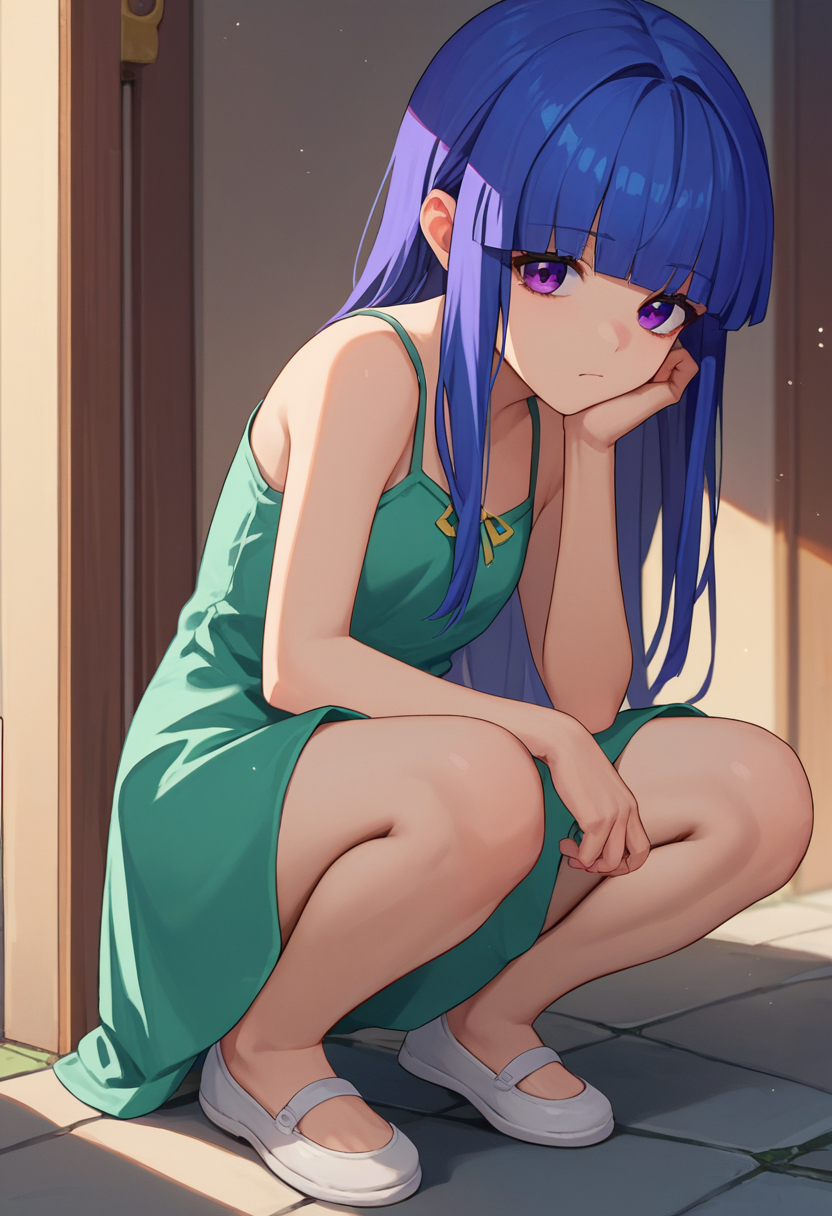 score_9, score_8_up, score_7_up, source_anime, furude rika, blue hair, purple eyes,  1girl,green dress, squatting,   <lora:Furude Rika-000010:1>