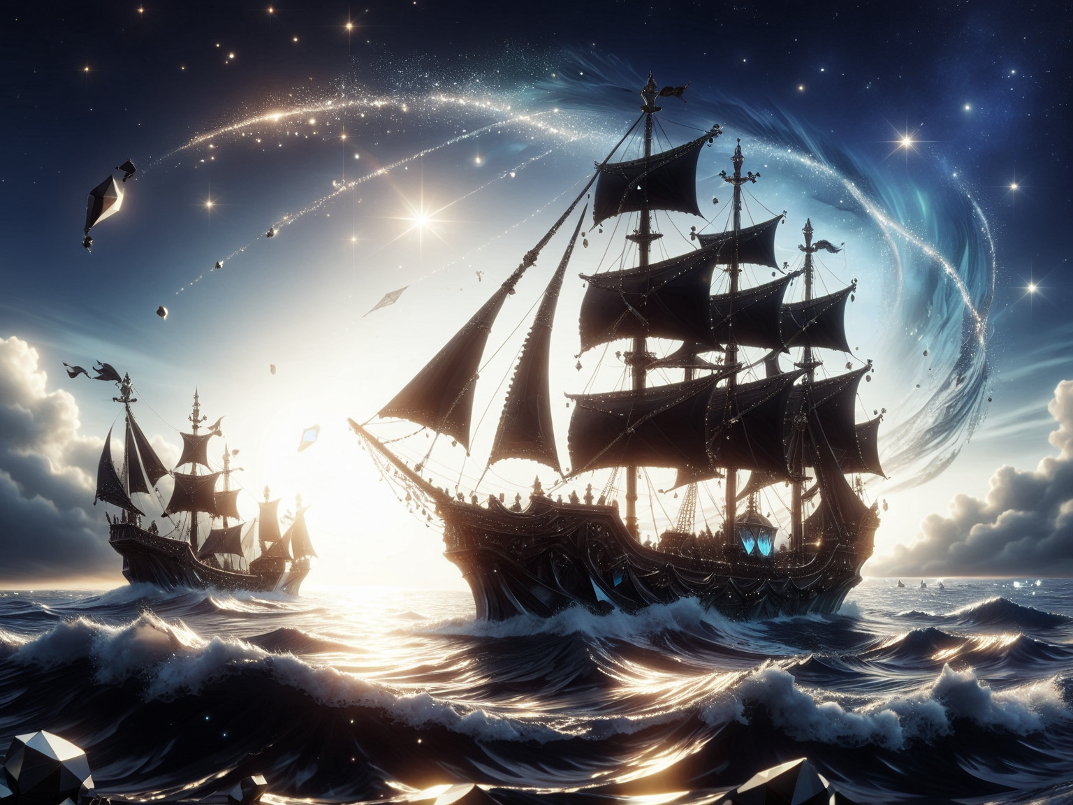 score_9_up, score_8_up, score_7_up, masterpiece, best quality,  <lora:PinkieBlckDmndsSDXL:1>, pirate ship, p1nkblackd1am0nds, made out of black diamonds, crystal, outdoors, sparkle, light particles, fantasy, water, night sky, waves in the water, stars, <lora:add-detail-xl:1>