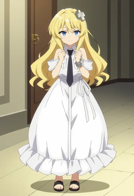 score_9, score_8_up, score_7_up, score_6_up, score_5_up, score_4_up , anime coloring ,BREAK source_anime, anime,screencap,
1girl, solo, alicek, collared dress, black necktie, pocket, white ribbon, wrist device,sandals, <lora:PonyXL Alice Kisaragi V2:1>
indoors,full body,
smile, looking at viewer,