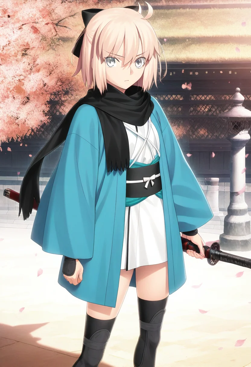 masterpiece, best quality, absurdres, detailed skin, detailed eyes, anime colored, anime screencap,
<lora:Okita_Souji:1> , okitasouji, looking at viewer, haori, scarf, black legwear,
outdoors,