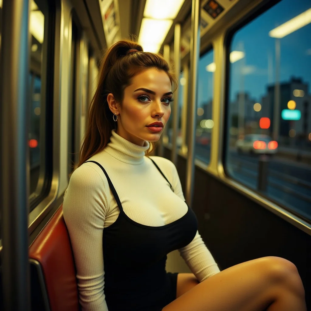 Very close-up view of a beautiful woman with young features sitting down in a subway car, head turned to the side, looking at viewer with a lustful gaze. Night scene, above ground subway, view of a dense city at night out the window. She is lit by yellow fluorescent overhead light. She is wearing a white turtleneck heavy sweater and a short black dress. Her dark hair is in a high ponytail. Her light green eyes are longing for something. She is very slender and has narrow shoulders and a thin waist. She also has extraordinarily gigantic fake-looking bimbo breasts, high profile breast implants stretching her tight sweater to the limit. Fully covered breasts,, impossible clothes. Dust particles in the air, bloom, photorealism, detailed picture, shot from eye level, dynamic angle.