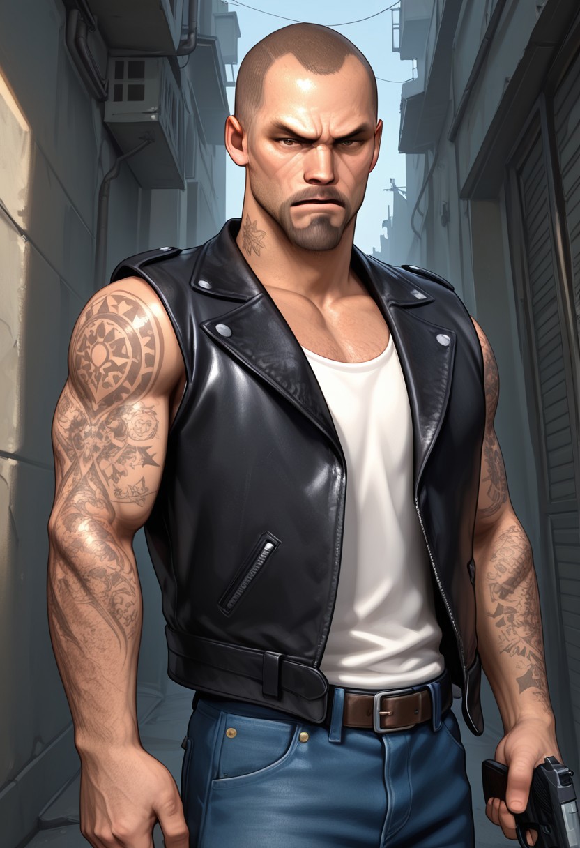 masterpiece, best quality, amazing quality, very aesthetic, absurdres, newest,  high quality, detailed, FrancisL4D, 1boy, male, solo male, human, broad shoulders, mature male, brown eyes, athletic build, sleeve tattoos, shaved head, goatee, mustache, facial hair, stubble, scruffy, black leather vest, white tank top, scowl, looking at viewer, half body, holding gun, outdoors, alley, apocalypse, jeans, detailed face, detailed eyes:2.0