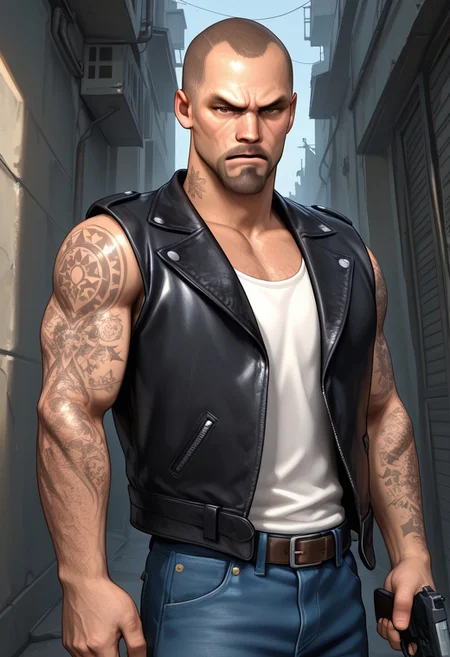 masterpiece, best quality, amazing quality, very aesthetic, absurdres, newest, high quality, detailed, FrancisL4D, 1boy, male, solo male, human, broad shoulders, mature male, brown eyes, athletic build, sleeve tattoos, shaved head, goatee, mustache, facial hair, stubble, scruffy, black leather vest, white tank top, scowl, looking at viewer, half body, holding gun, outdoors, alley, apocalypse, jeans, detailed face, detailed eyes:2.0