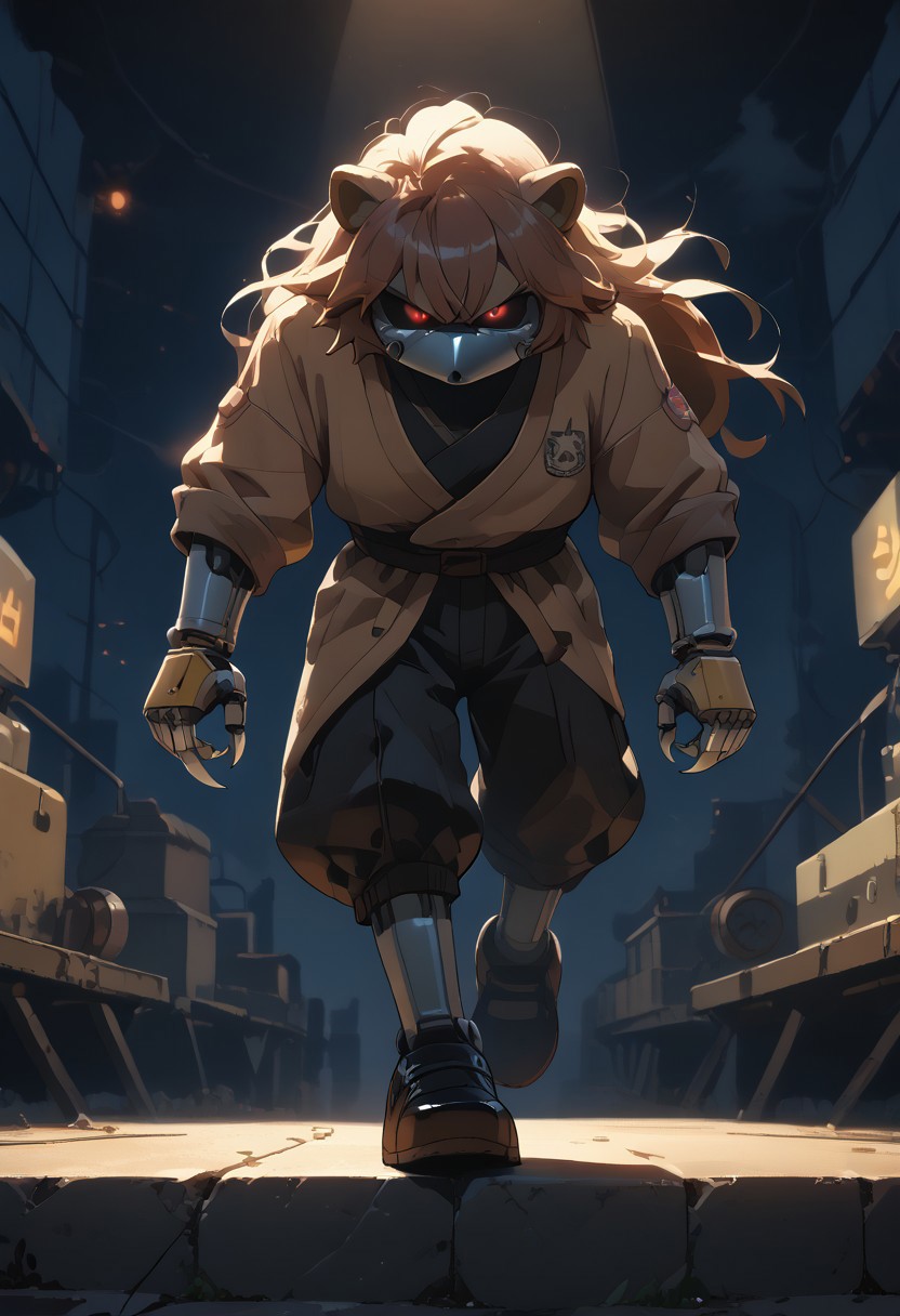 score_9, score_8_up, score_7_up, (best quality:1.1), ultra-detailed, high resolution, 8K, ((tall, 6ft tall, no mouth)), Metal Raccoon, robot, brown beige metal skin, black sclera, red pupils, pointy metal nose, gray claws, green core, black shoes, fist, battle stance, arms at sides, floating, factory, fluffy raccoon tail, BREAK outside, Rich, Detailed background, ambient light