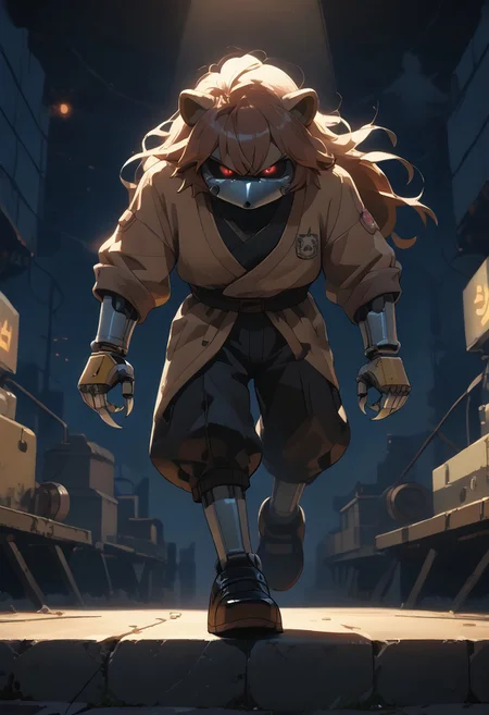 score_9, score_8_up, score_7_up, (best quality:1.1), ultra-detailed, high resolution, 8K, ((tall, 6ft tall, no mouth)), Metal Raccoon, robot, brown beige metal skin, black sclera, red pupils, pointy metal nose, gray claws, green core, black shoes, fist, battle stance, arms at sides, floating, factory, fluffy raccoon tail, BREAK outside, Rich, Detailed background, ambient light