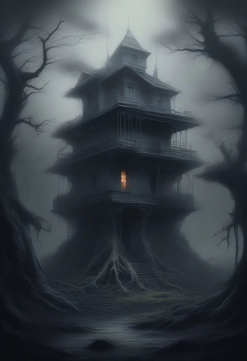 Create an intricate oil painting-style illustration inspired by the dark and surreal works of artists like H.R. Giger or Francisco Goya, depicting a foggy, nightmarish forest scene at night. The atmosphere is deeply unsettling, filled with an overwhelming sense of lurking danger, characterized by thick, swirling mists that obscure the view and create an otherworldly ambiance. The mist curls and billows around twisted, gnarled silhouettes of trees that loom ominously against the starlit sky, shrouding the forest in dread. The forest floor is covered in damp, decaying leaves, enhancing the eerie silence and oppressive mood of the night,HavvoricFireDarkstyle,Jed-StickyN