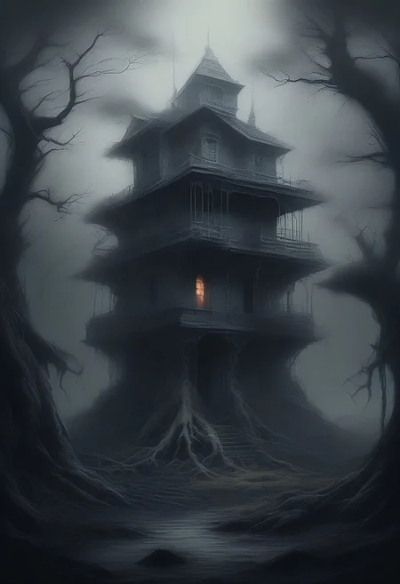 Create an intricate oil painting-style illustration inspired by the dark and surreal works of artists like H.R. Giger or Francisco Goya, depicting a foggy, nightmarish forest scene at night. The atmosphere is deeply unsettling, filled with an overwhelming sense of lurking danger, characterized by thick, swirling mists that obscure the view and create an otherworldly ambiance. The mist curls and billows around twisted, gnarled silhouettes of trees that loom ominously against the starlit sky, shrouding the forest in dread. The forest floor is covered in damp, decaying leaves, enhancing the eerie silence and oppressive mood of the night,HavvoricFireDarkstyle,Jed-StickyN