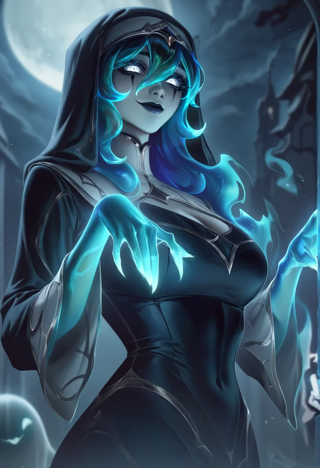 1girl,
masterpiece \(quality\), L0LSPL4SH, year2024, year2023, West Studio, SIXMOREVODKA, dark, nun, translucent skin, ghost girl, glowing skin, white eyes, blurry background, night, breasts, smile, habit, blue hair, black dress, solo focus, moonlight, sky, ghost pose, long sleeves, large breasts, colored skin, cleavage, dress, blurry, long hair, night sky, white skin, full moon, looking at viewer, upper body,
best quality, general
<lora:L0LSPL4SH_IllustriousXLv01:1>
