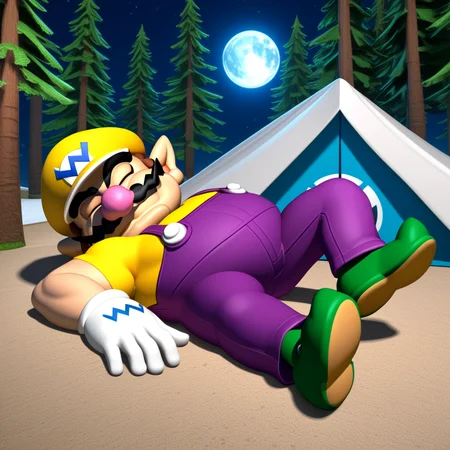 score_9, score_8_up, score_7_up, score_6_up, score_5_up, (3D, isometric:1), (Wario:1), fat, yellow w cap, rating safe, curled up, sleeping, asleep, (closed eyes, eyes closed:1.1), mouth closed, asleep, lying down on the ground, tent, (official Nintendo artwork, full body:1), brown hair, (purple overalls:1.2), green shoes, yellow shirt, solo, white gloves, forest, trees, pine trees, alpine, ferns, night, moon