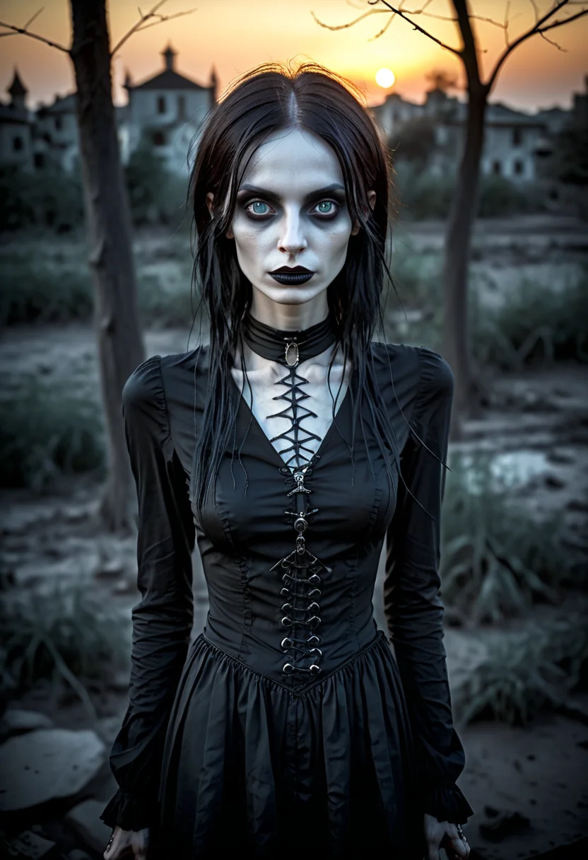 positiv Clip L:
an award-winning, photo, of a skinny Gothic woman,
positiv Clip G:
an award-winning, photo, of a skinny Gothic woman, that captivates the viewer. natural dark blue eyes exude depth and penetration. sunset in the background,